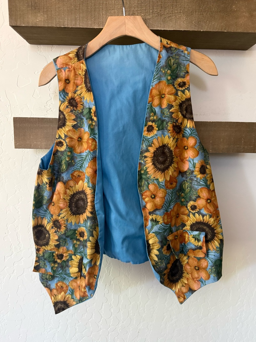 Bohemian Sunflower Print Floral Vest with Blue Lining,size small•••farm girl